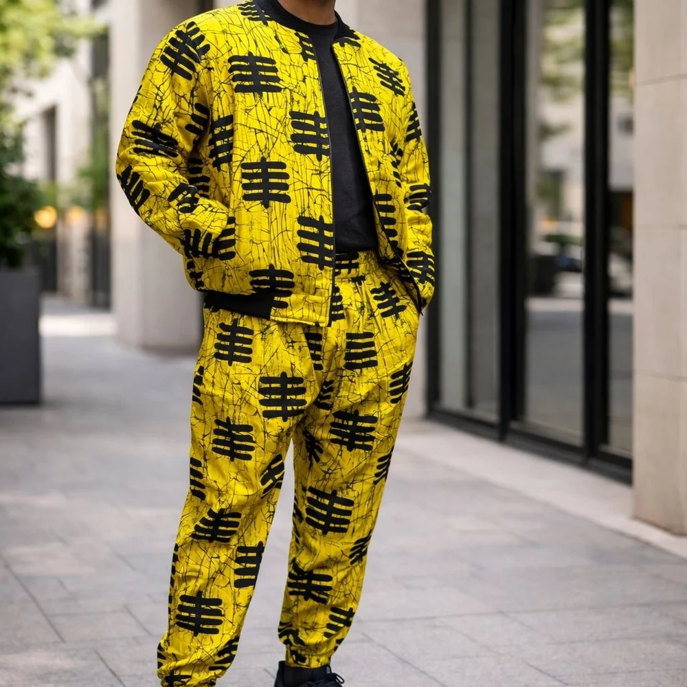 Yellow and Black Patterned Jacket and Pants Set - Picture 2 of 3